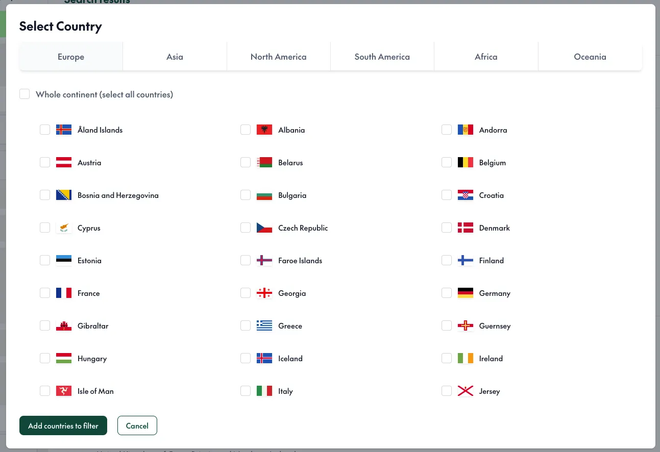 Country Modal European Continent