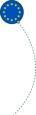 European union flag in a dark green circle with a dotted line curving downwards from the circle. Decoration to indicate the contents of the Open Opportunities database.