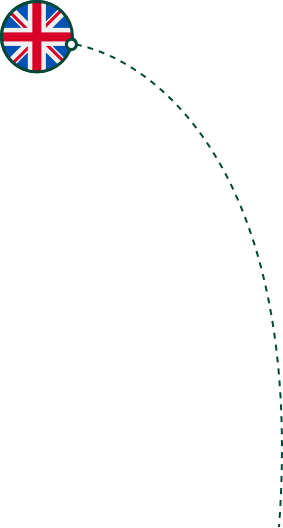 Union Jack flag in a dark green circle with a dotted line curving downwards from the circle. Decoration to indicate the contents of the Open Opportunities database.