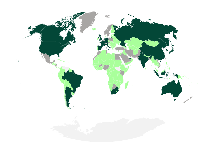 A map of the world showing the density of tender opportunities from different countries in the Open Opportunities database.