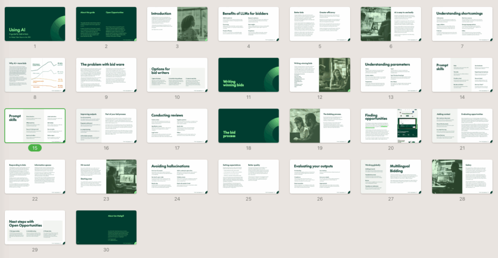 A screenshot of a lightbox style display of the pages in our AI for bidders document.