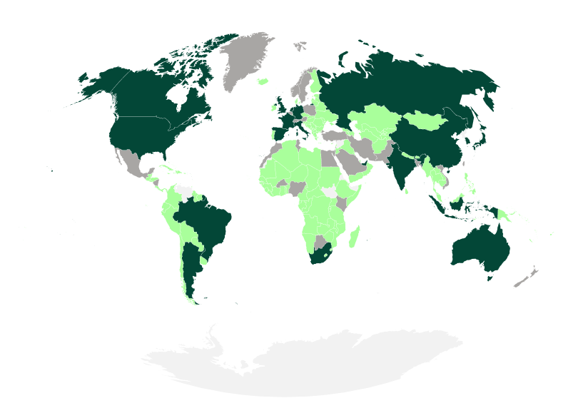 Spend-network-colours-how-the-world-compares-in-public-procurement-spending-1png - Open Opportunities A green tinted map illustrating where OpenOpps gathers tender notices from