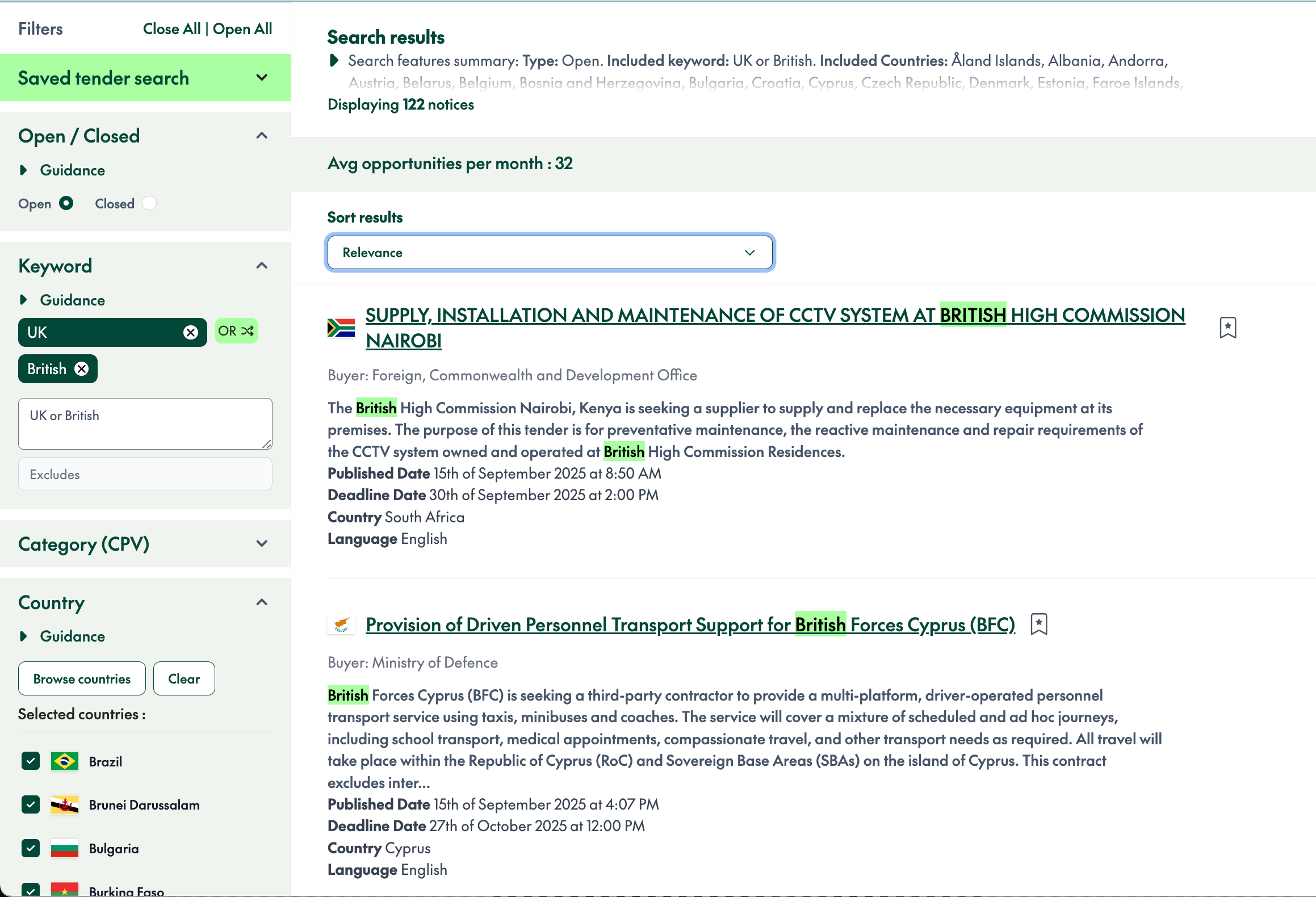 Real Examples of Uk Organizations Procuring Services Internationally Tender search results displaying British High Commission Nairobi CCTV contract and British Forces Cyprus transport services contract as examples of UK organisations tendering internationally