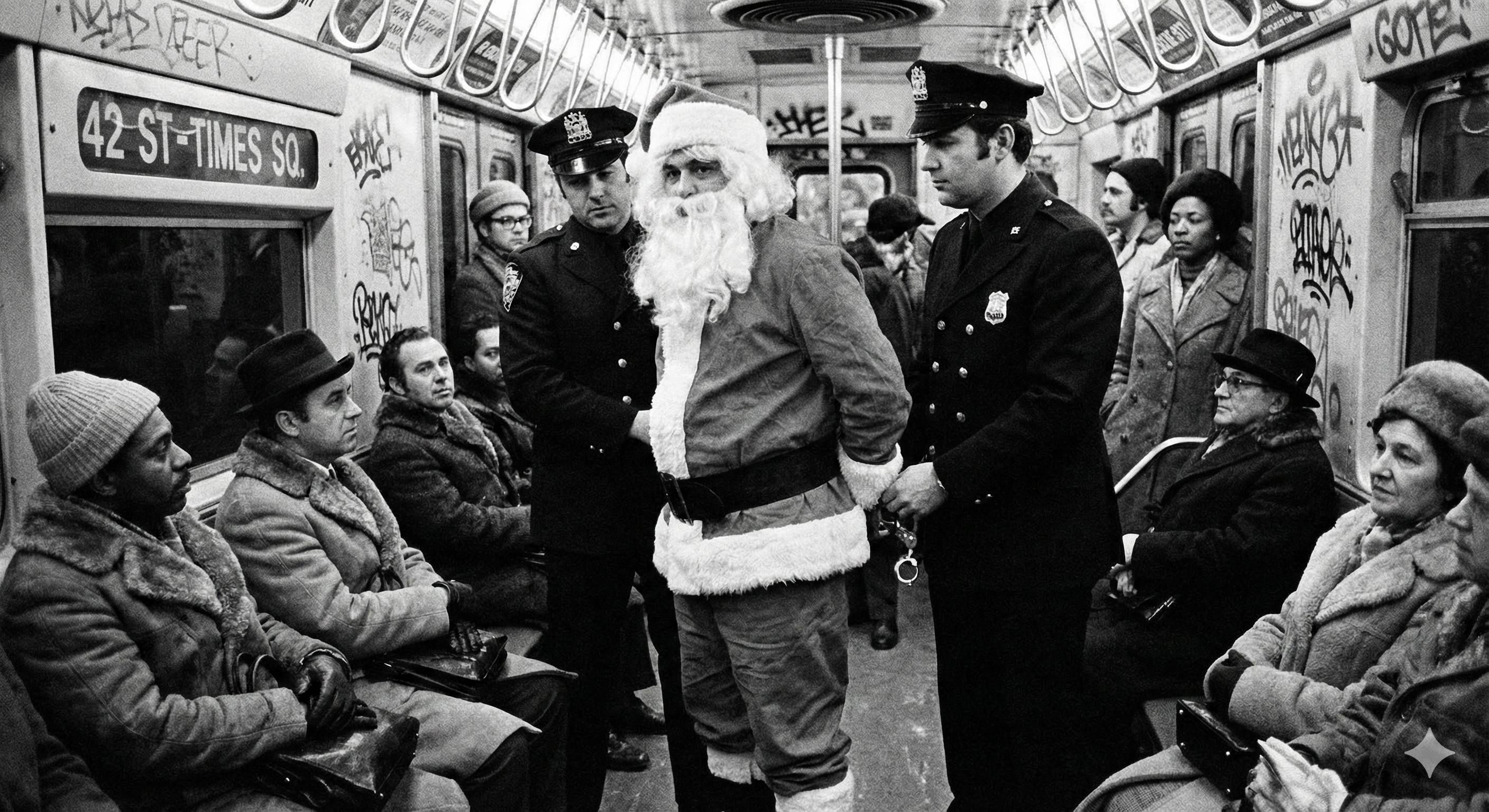 Santa getting arrested on a subway train by two New York City police officers.